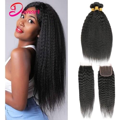 Kinky Straight Indian Human Hair 3Bundles With 4x4 Lace Closure Middle/Free/Three Color#1B Free Shipping Dainaer Virgin Hair