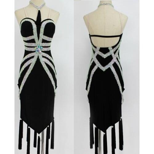 Latin Dance Competition Clothing Set Latina Rhinestone Dress+Necklace Tassel Spike Skirt Rumba Samba Night Club Singer Costume