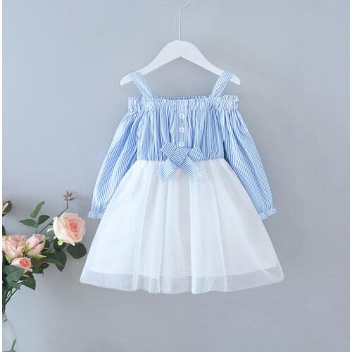 Girls Summer Blue Strip Off Shouder Dress Baby Princess Dress Mesh TUTU Children Dress