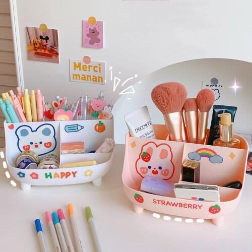 Cute Large Capacity Desktop Stationery Organizer with Sticker Multifunction Pen Brush Phone Holder Storage Box School Stationery