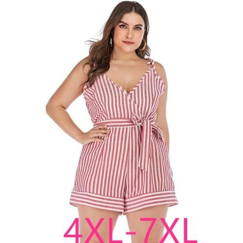 New summer plus size sets for women large sleeveless loose casual stripe low-cut sling jumpsuits belt pink 4XL 5XL 6XL 7XL