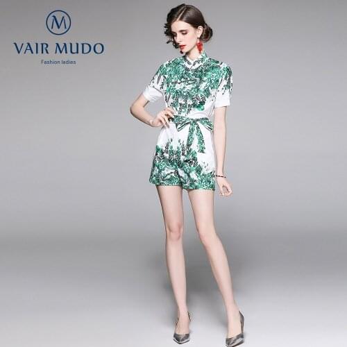 New Womens Ladies Suit Retro Temperament Stand-Up Collar Short-Sleeved Printed Shirt Shorts Western Style Suit Green ClothY-169