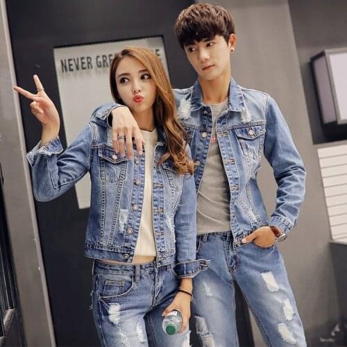 Autumn Korean Mens Denim Jacket Two Piece Set Slim Fit Hole Ripped Jeans Sets Casual Unisex Cowboy Outfit Clothing Matching Sets