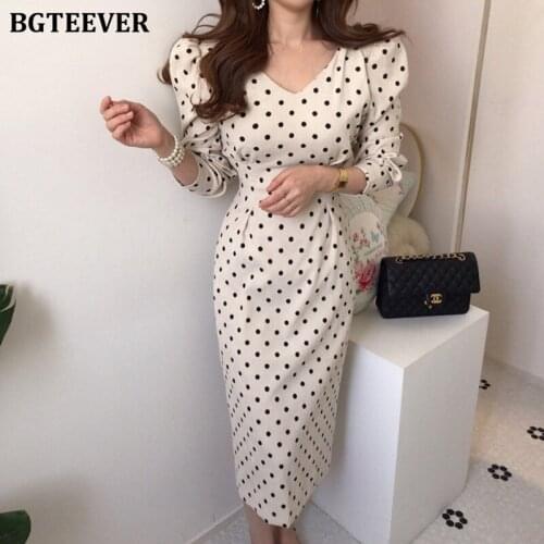 BGTEEVER Elegant V-neck Polka Dots Print Women Midi Dress Puff Sleeve Slim Waist Lace-up Package Hip Corduroy Female Dress 2020