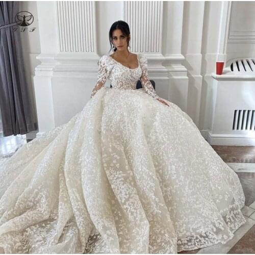 Arabian Design Vestidos De Novias Scoop Neck Long Sleeve Puffy Ball Gown Bling Bling Princess Wedding Dresses