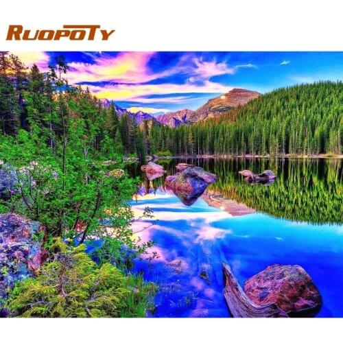 RUOPOTY Frame Diy Paint By Numbers Kits Acrylic Wall Art Home Decors Modern Mountain Lake Coloring By Numbers For Diy Gift