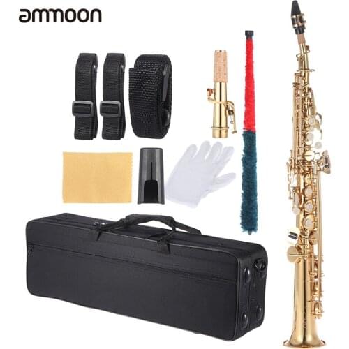 Ammoon Brass Straight Soprano Sax Saxophone Bb B Flat Woodwind Instrument Natural Shell Key Carve Pattern with Carrying Case
