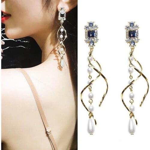 Crystal Pearl Earrings Needle Womens Earrings Vintage Exaggerated Long Earrings Tassel Earrings Fashion Jewelry