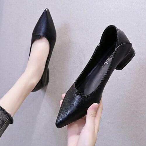 Womens Leather High Heels Office Ladies Square Heel High Heels Pointed Toe Work Shoes Womens Shoes Woman Heels Shoes
