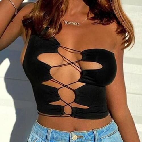 Womens Sexy Crop Tank Top Casual Sleeveless One Shoulder Solid Color Open Front Lace Up Camisole