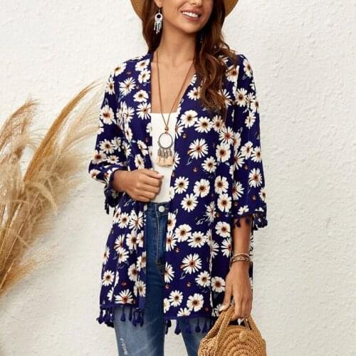 Women T-Shirts Print Color Floral Chiffon Short Sleeve Tassel Open Stitch Casual Loose Beach Style Holiday Female Blouse C2926