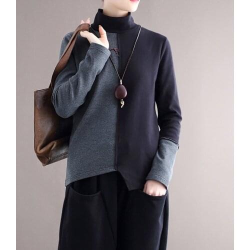 Women Loose Patchwork Fleece T-shirt Tops Ladies Spliced turtleneck Irregular Length Tees Tops Shirt Female Tee Shirt