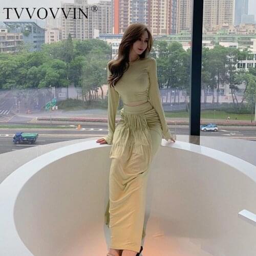 TVVOVVIN Set Women Women T-shirt Skirt Sets Long Sleeve Short T-shirt Tops Irregular Sexy High Waist Long Skirt Two Piece Set 3S