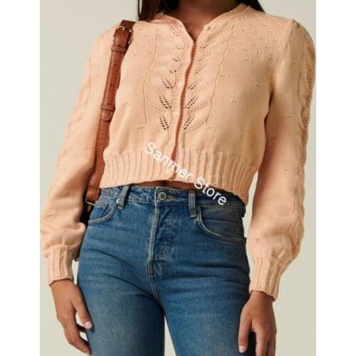 Early Autumn Women Sweater Hollow out Ladies Knitted Single Breasted O-neck Slim Tops Solid Long Sleeve Female Short Cardigan