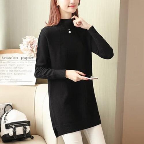 Female Casual Loose Dress Base Sweater Autumn Winter Ladies Solid Color Mid-length Sexy Half High Neck Long Sleeve Pullover