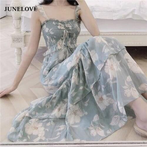 JuneLove Summer Spaghetti Strap Chiffon Dress Women Print Vintage French Style A-line Midi Dress Korea Chic Loose Party Vestidos