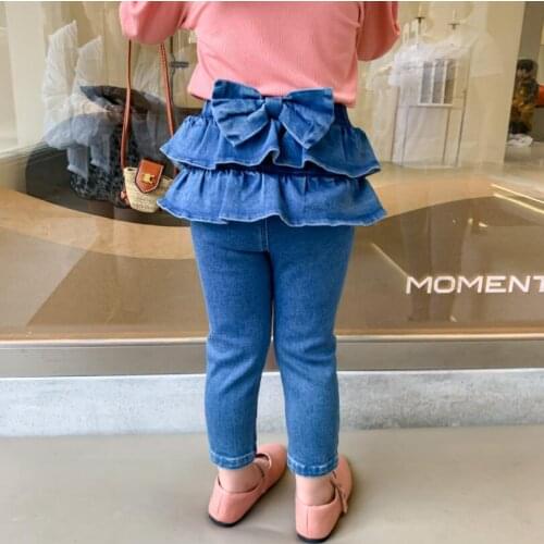 2021 Baby Kids Fall Back Bow Jean Pants, Children Fashion Cowboy Trousers 6 pieces/lot, Wholesale