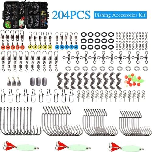 204PCS/Box Fishing Accessories Tackle Kit With Hooks Sinker Weights Swivels Snaps Sinker Slides Wacky O-Rings Spoons Lures Beads