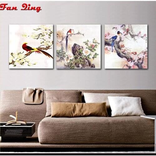3pcs Diamond Painting Chinese style flower and bird pictures Round Square Drill DIY Mosaic Embroidery 5D Cross Stitch home decor