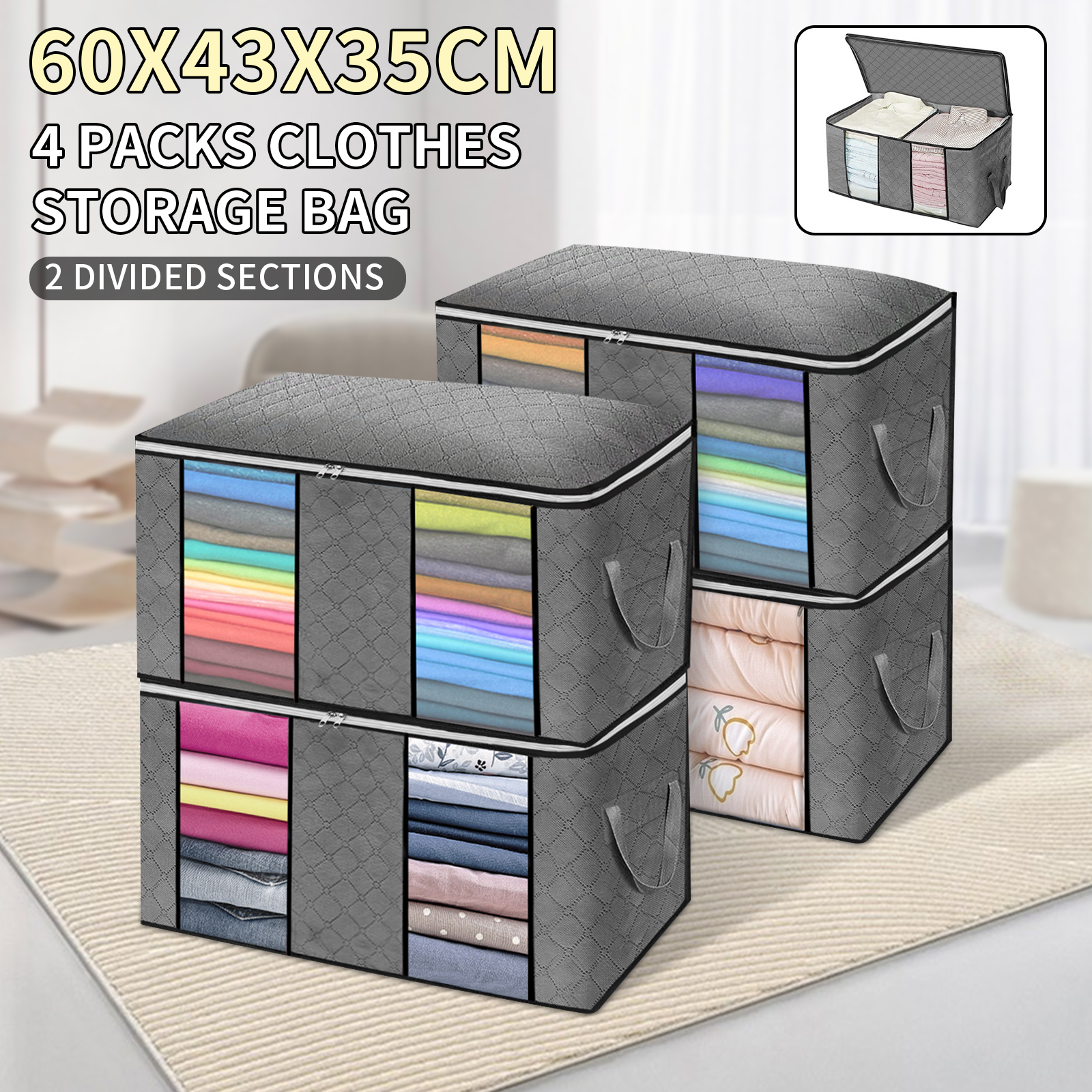4pcs/set Clothes Quilt Storage Bags Blanket Closet Sweater Organizer Box Sorting Pouches Clothes Cabinet Container Travel Home