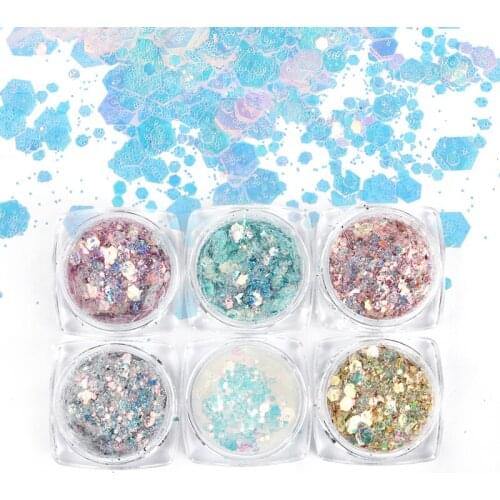 6 Boxes AB Iridescent Chunky Glitter Nail Art Flakes Mixed Hexagon Shape Shiny Mermaid Sequins For Manicure Nail Art Accessories