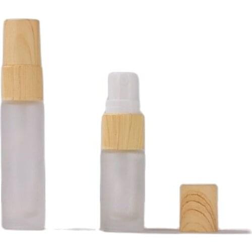 5ml 10ml Frosted Glass Perfume Spray Bottles Not Real Wood Lid Empty Toner Mist Spray Container Refillable Travel Bottle 30pcs