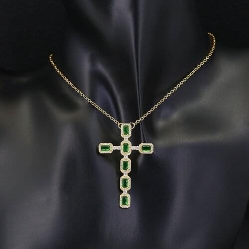 Funmode Charm Gold Color Green AAA Cubic Zircon Cross Pendant Necklace For Women Dress Jewelry Accessories Gifts Wholesale FN162