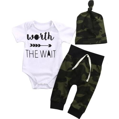 Camouflage Newborn Toddler Baby Boys Clothes Romper Bodysuit + Pants Hats Outfits Set The Wait arrow Infant Boy Clothing Set