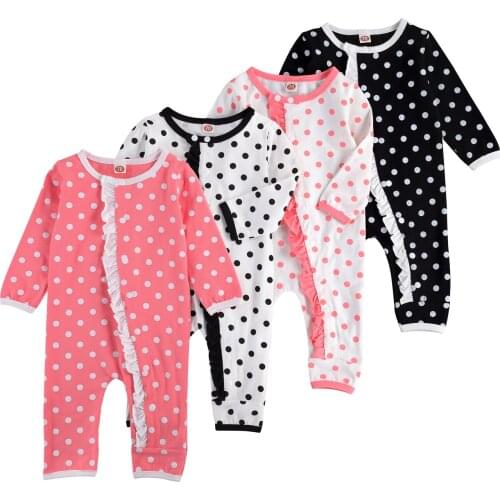 0-18M Newborn Baby Girl Cute Romper Dot Print Ruffle Long Sleeve Crew Neck Jumpsuit One Piece Fall Outfit Cotton Clothes