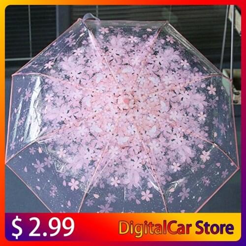 Compact Folding Cherry Umbrella Transparent Clear Umbrella Three Folding 8 Rib Windproof Umbrellas Women Rain Umbrella Newest