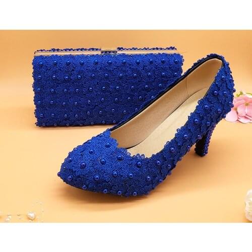 BaoYaFang Royal Blue flower Women wedding shoes and bags set High heels Platform shoes woman party dress shoes for woman