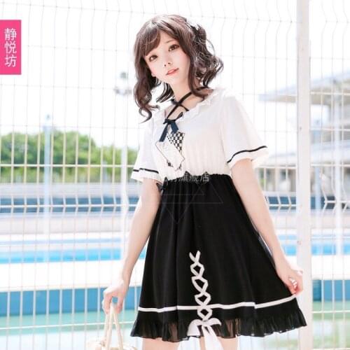 Japanese Bunny Suit Girls' Dress False Two-Piece Patchwork Dress Poker Daily Student Preppy Style lolita dress