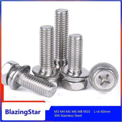M3 M4 M5 M6 M8 M10 304 Stainless Steel Cross Hexagon Head Bolt Nut And Three Washers And Three Thread Combination L=6-60mm