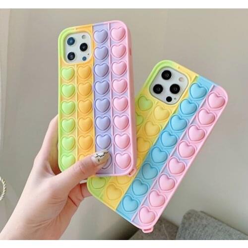 Relive Stress Phone Case For Iphone 12 Mini 11 Pro X XR XS Max 6 7 8 Plus SE 2 Love Heart Pop Toys Push Bubble Soft Silicone