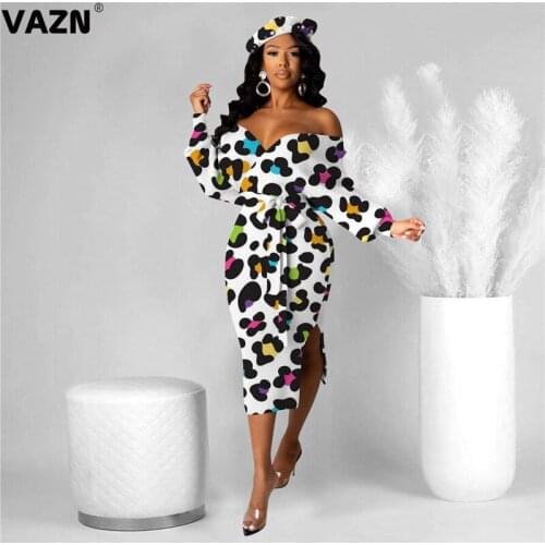 VAZN New Fashion Mujer Chic Ladies Slim Holiday Leopard Print Dress 2020 Full Sleeve Off Shoulder Lady Dress