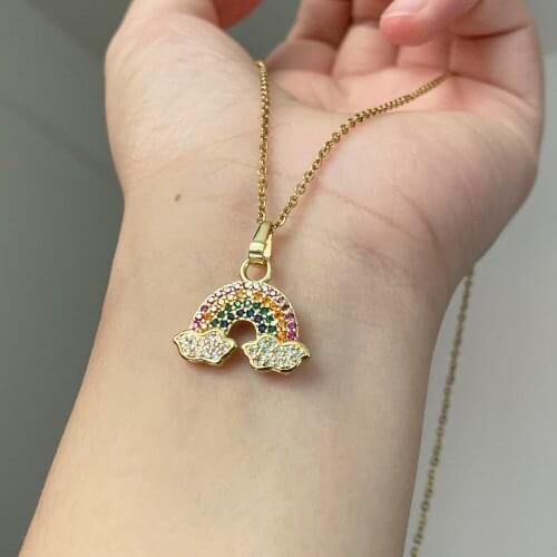 Cloud Rainbow Charm Shinning Micro Pave Multi Color CZ Pendant Necklace Simple Gold Color Stainless Steel Chain Necklace