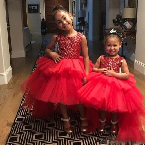 Little Girls High Low Flower Dresses O Neck Open Back Ruffles Tier Tulle Skirt Toddler Prom Party Gown