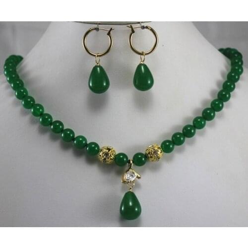 Prefect matched 8mm green jade necklace earrings jewelry sets for party and wedding
