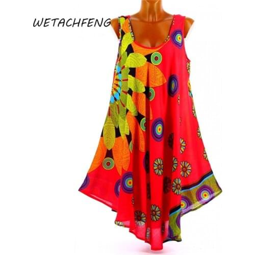 Plus Size Ladies Mini Dress Chiffon U Neck Floral Print Boho Beach Sundress Sleeveless Casual Loose Female Dress Women Clothing