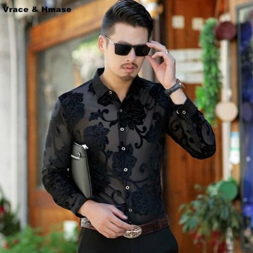 Abstract flower pattern printing fashion boutique long-sleeved shirt Autumn 2018 New quality hollow breathable men shirt M-XXXL