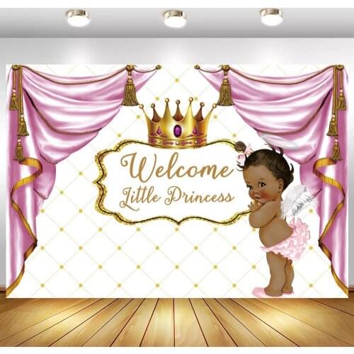 Blush Pink Curtain Welcome Little Princess Newborn Baby Shower Backdrops Headboard Crown Girl Birthday Photography Backgrounds