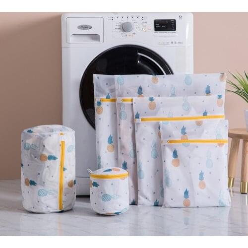 Pineapple Cactus Printing Zippered Mesh Laundry Bag Underwear Sock Washing Machine Polyester Washing Net Bag