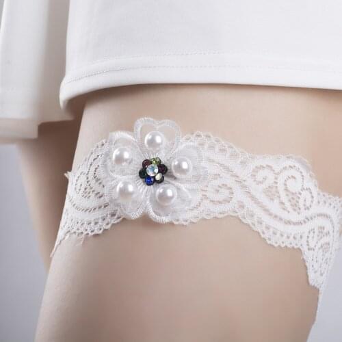 Wedding Garter Blue Rhinestone Embroidery Flower White Sexy PearlGarters For Women/Female/Bride New Bridal Thigh Ring Leg Garter