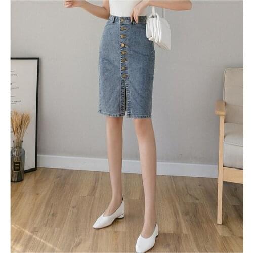 Spring Autumn 2020 New Denim Sheath Wrap Skirt Single-Breasted High Waist Pencil Midi Skirt Front Split Skirts Womens