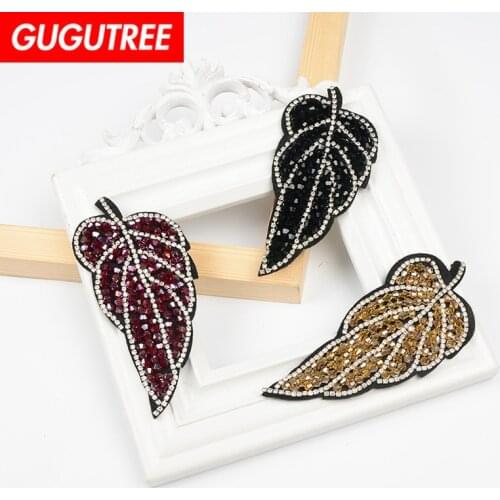 GUGUTREE embroidery beaded leaf patches leaf blade patches badges applique patches for clothing SK-13