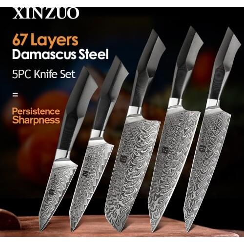 XINZUO 5 Pcs Kitchen Knife Set 67 layers Damascus Steel Santoku Cleaver Chef Knives with G10 Handle Professional Chefs Tools