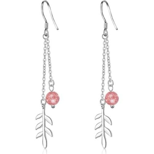 Japan and South Korea sweet and lovely wild pink strawberry crystal leaves long silver plated earrings IR033