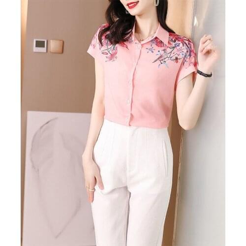 Women Temperament Chiffon Ladies Summer Blouses Short Sleeve Polo-Neck Elegant All-Match Shirts High-End Blusas Tops MM0834