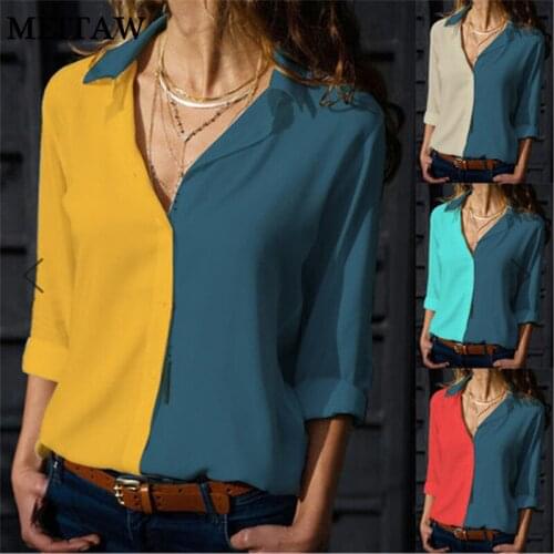 5XL Sexy V-Neck Stitching Hit Color Tee Shirt 2020 Ladies Office Slim Tops Plus Size Women Spring Long Sleeve T-Shirt