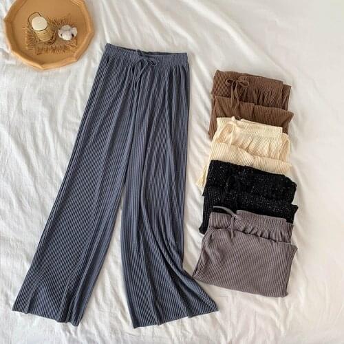2020Women Casual Loose Wide Leg Pants Femme Korean Solid Lace Up Stretch Waist Trousers 2020 Summer Spring Fashion Knitted Pants